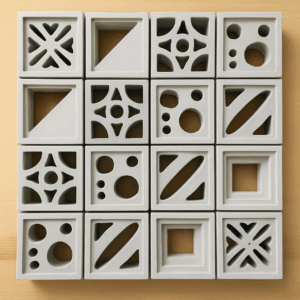 Concrete vent blocks with modern geometric designs manufactured by Cabro Blocks Factory Kenya for wall ventilation and decorative wall finishes.