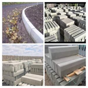 Precast concrete road kerbs used for road construction, parking areas and drainage control.