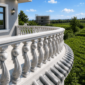 Trojan Horse concrete balustrades installed on a luxury curved balcony overlooking a landscaped outdoor environment.