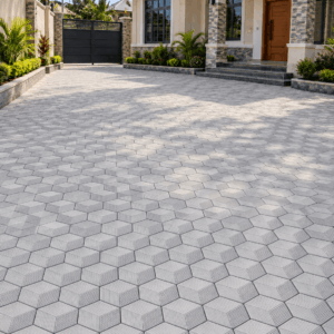 Grey textured 3D hexagon cabro paving illustrated in a Kenyan home compound