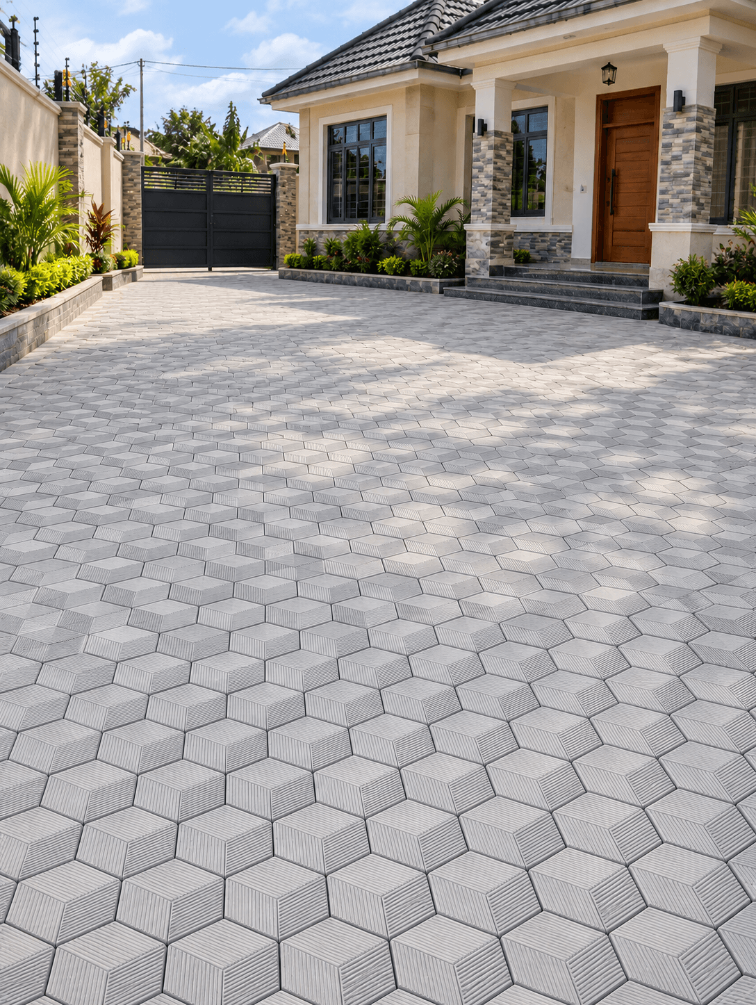 3d-hexagon-textured-cabros-kenya Grey textured 3D hexagon cabro paving illustrated in a Kenyan home compound