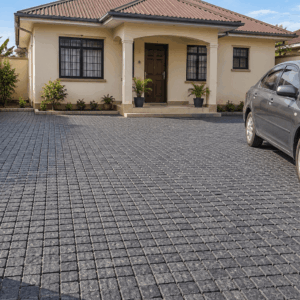 Black square cobblestones 100x100mm used as a driveway border in Kenya