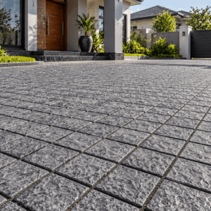 Grey textured 100x100mm square concrete cobblestones installed on a modern residential driveway in Kenya.