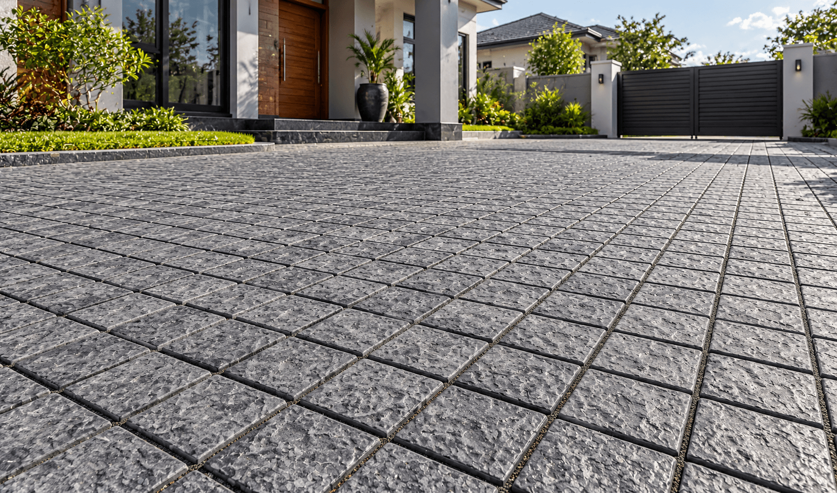 Grey Square Cobblestones 100x100mm | Cobble Stones Kenya Grey textured 100x100mm square concrete cobblestones installed on a modern residential driveway in Kenya.