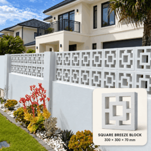 Square breeze blocks in a decorative boundary wall, with a close-up labelled 300 × 300 × 70 mm