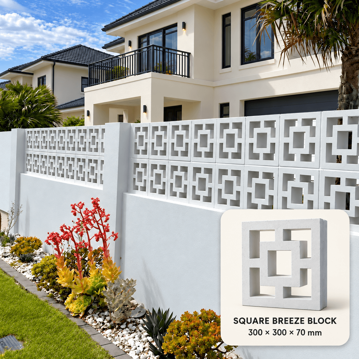 Square Breeze Block 300 × 300 × 70 mm Square breeze blocks in a decorative boundary wall, with a close-up labelled 300 × 300 × 70 mm